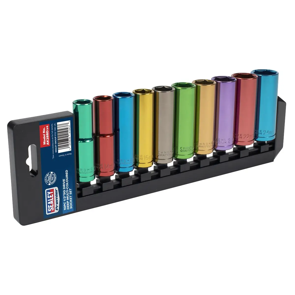 Sealey 10 Piece 1/2" Drive Coloured Deep Socket Set 13-24mm Hex