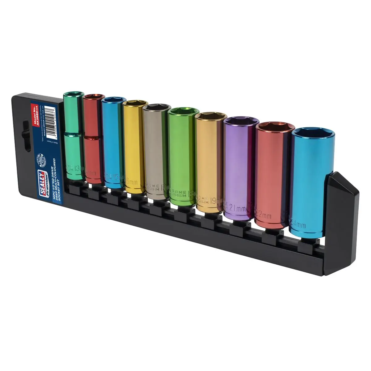Sealey 10 Piece 1/2" Drive Coloured Deep Socket Set 13-24mm Hex - Image 2