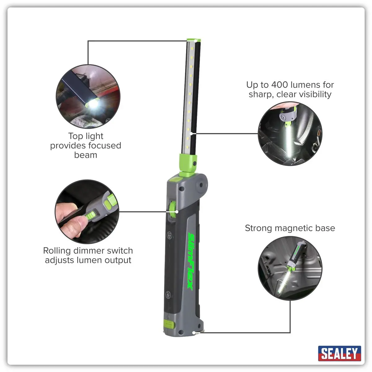 Sealey 12 SMD LED + 1W LED Rechargeable Slim Inspection Lamp Magnetic Base 400 Lumens - Image 2