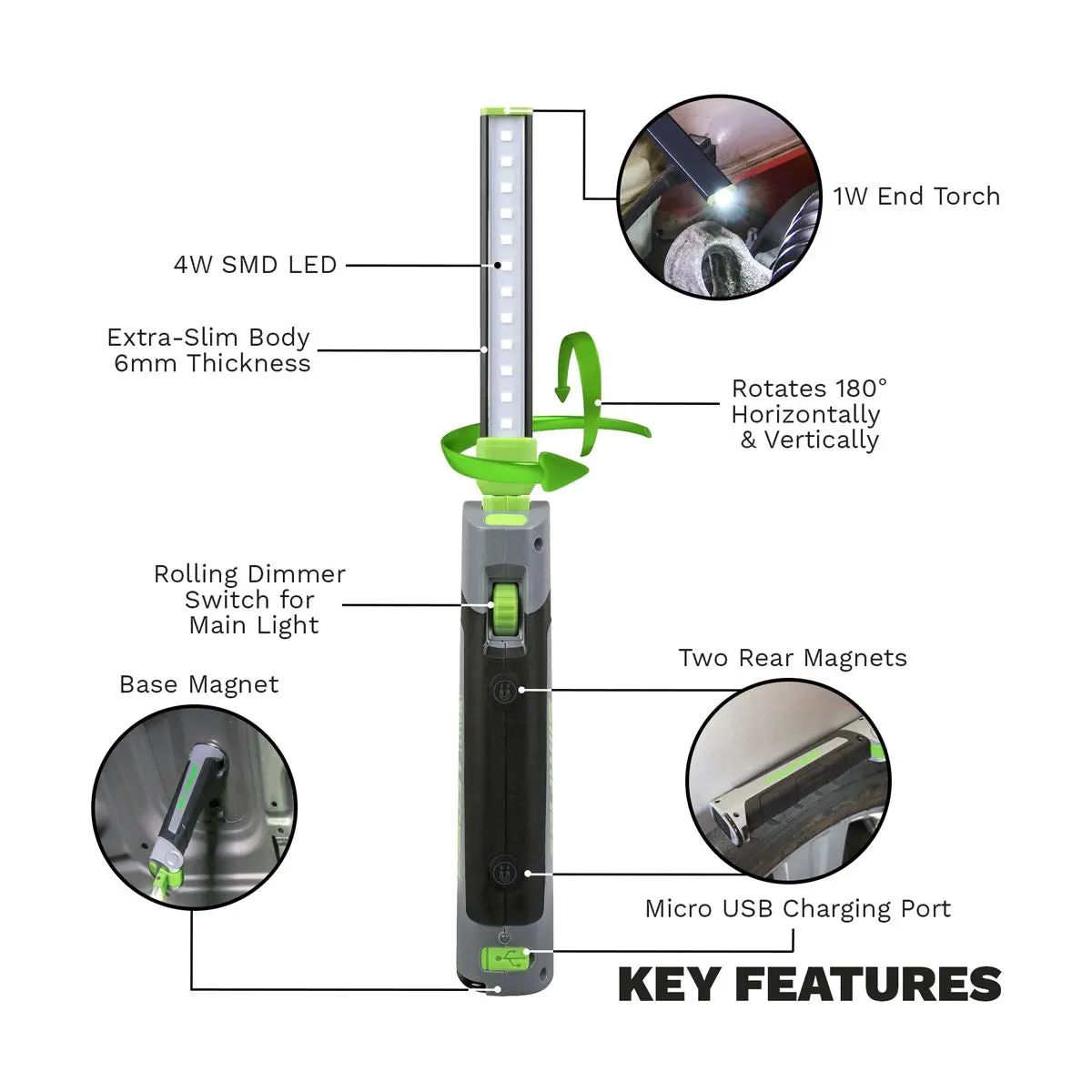 Sealey 12 SMD LED + 1W LED Rechargeable Slim Inspection Lamp Magnetic Base 400 Lumens - Image 8