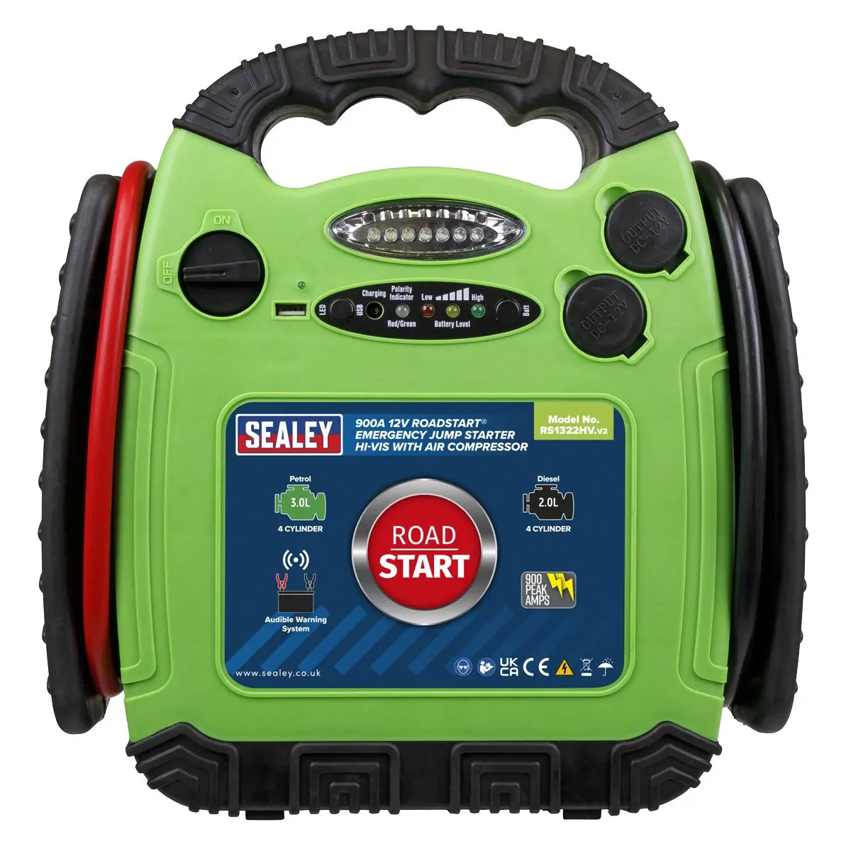 Sealey 12V RoadStart Emergency Power Pack 900 Peak Amps with Air Compressor Hi-Vis - Image 2