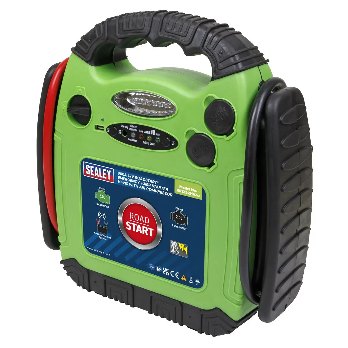 Sealey 12V RoadStart Emergency Power Pack 900 Peak Amps with Air Compressor Hi-Vis - Image 4