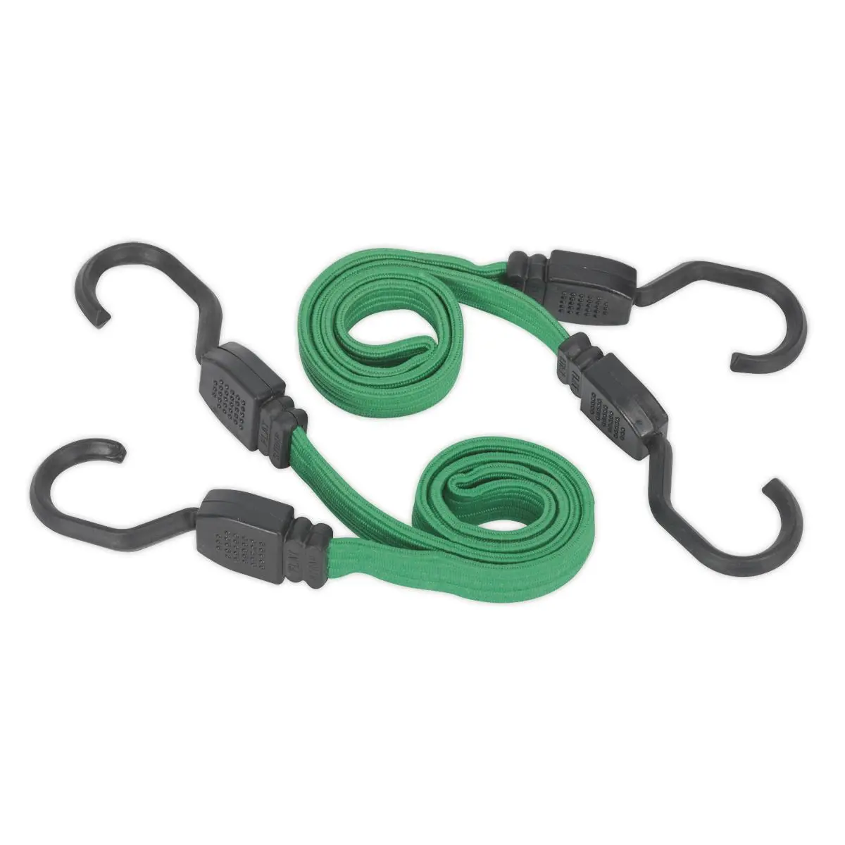 Sealey 2 Piece Flat Bungee Cord Set Green 610mm-1300mm Heavy-Duty Steel Hooks - Image 3