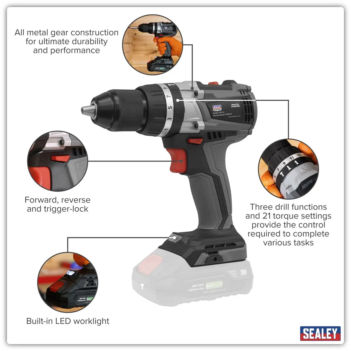 Sealey Premier Brushless Combi Drill Ø13mm 20V SV20 Series - Body Only - Image 3