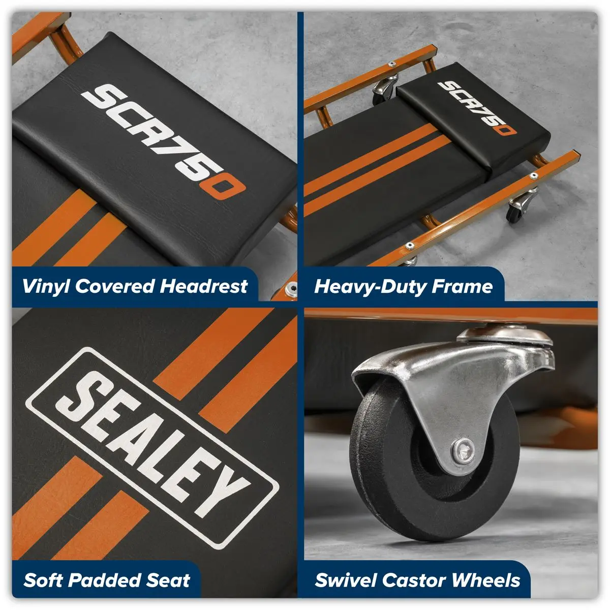 Sealey American-Style Deluxe Creeper 36" with Steel Frame & 6 Wheels - Orange - Image 8