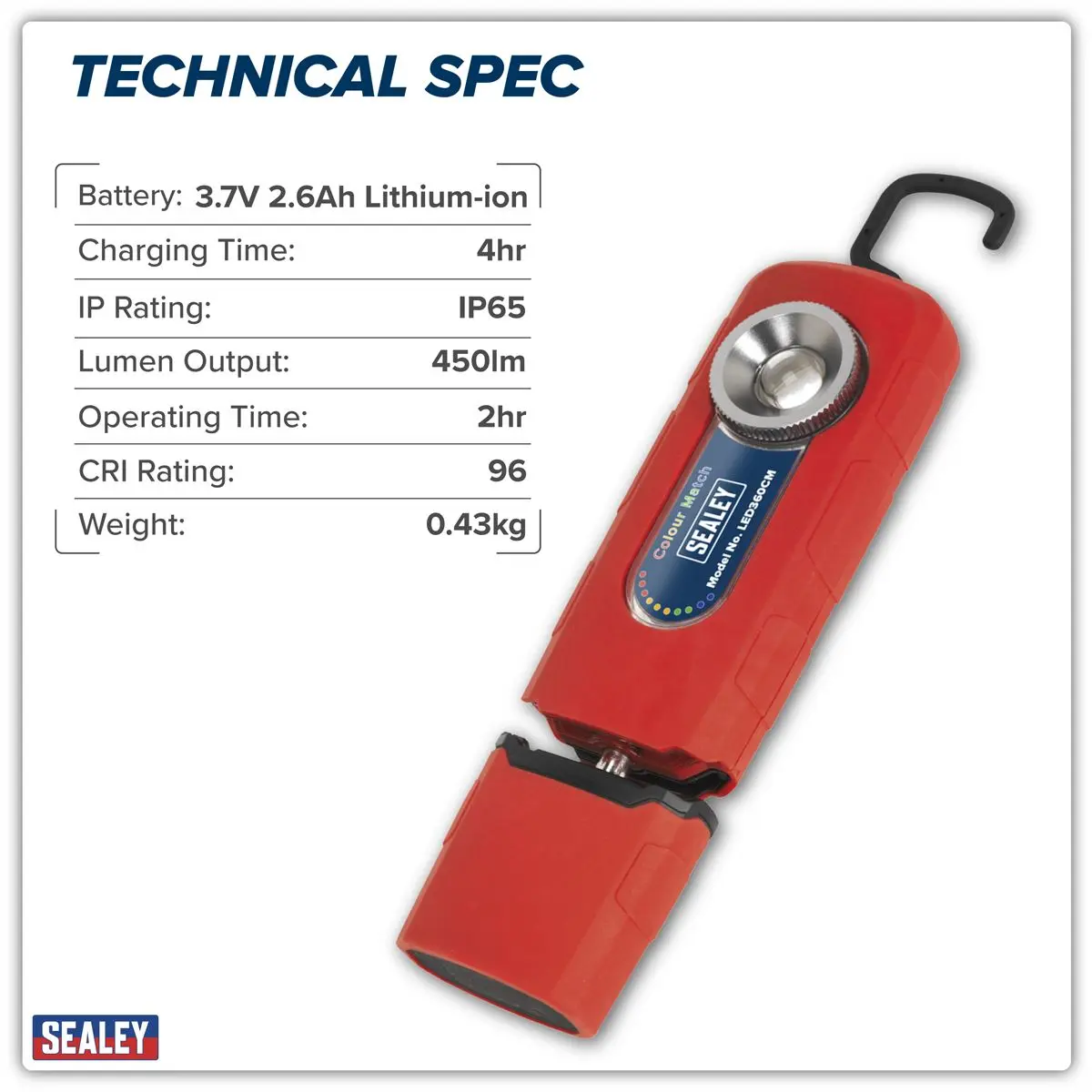 Sealey 360° Rechargeable 5W COB LED Inspection Lamp Colour Matching CRI 95 - Image 22