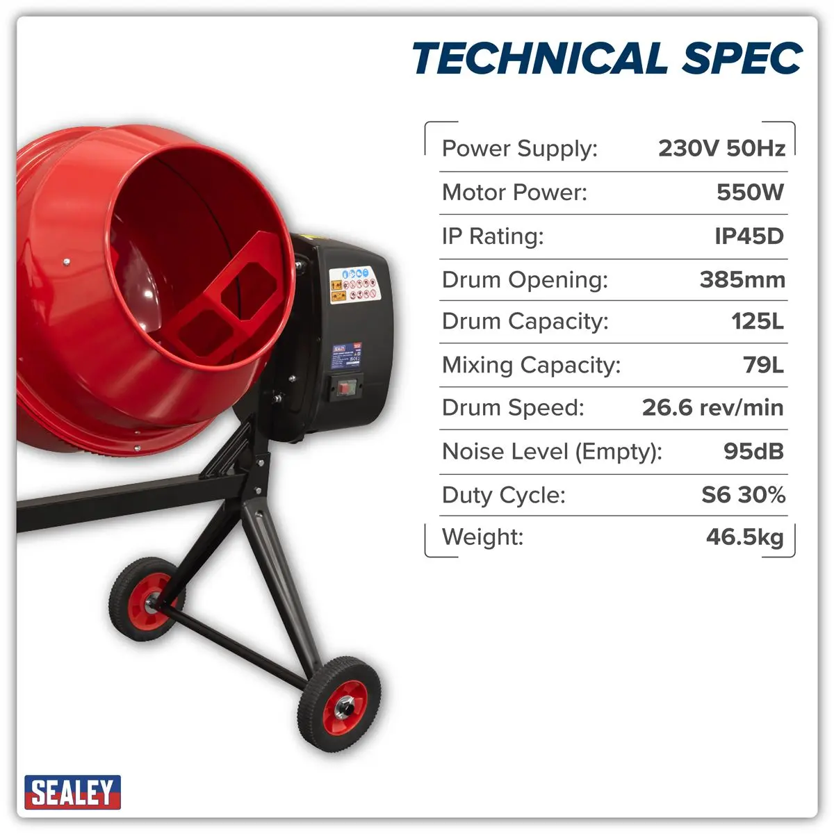 Sealey 125L Cement Mixer 550W - Image 2