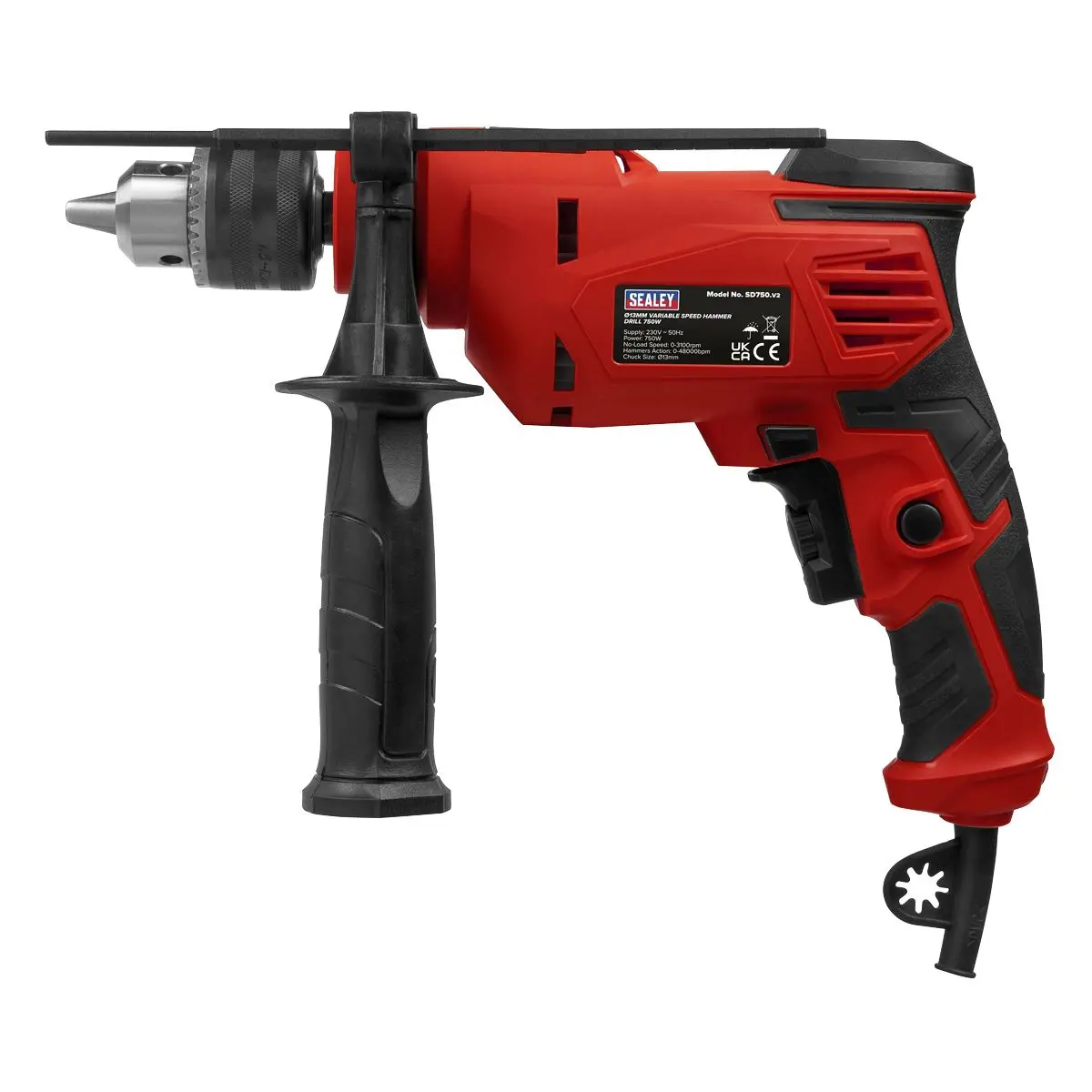 Sealey 750W Variable Speed Corded Hammer Drill 13mm Chuck Remover Screws - Image 3
