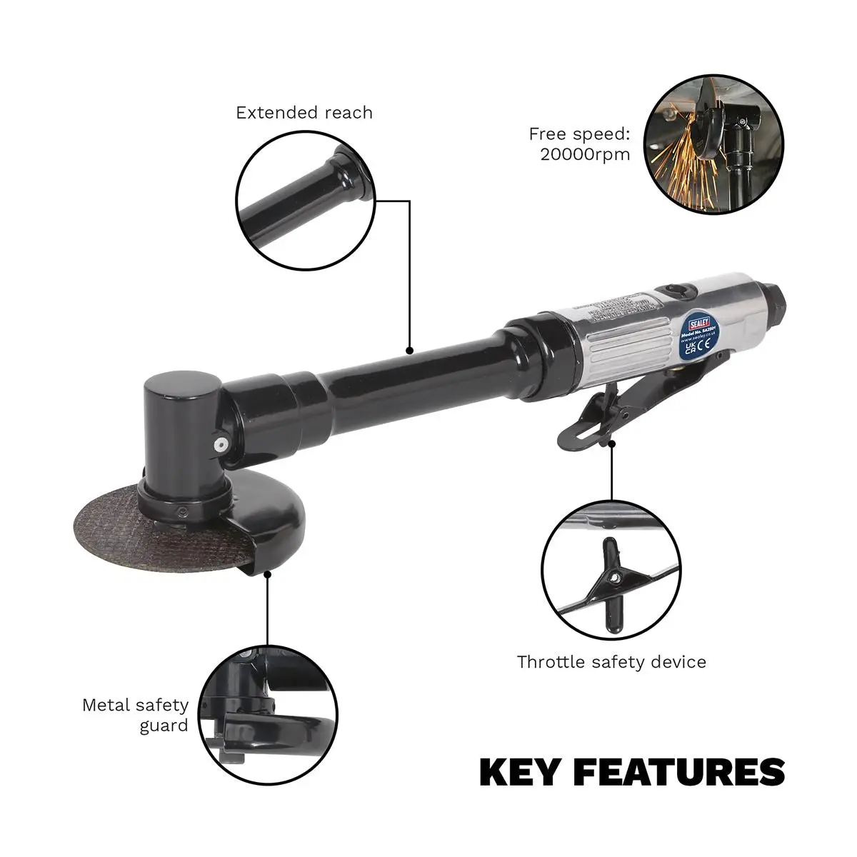 Sealey 75mm Long Reach Air Angle Cut Off Cutting Tool Air Grinder Saw 1/4" BSP - Image 6