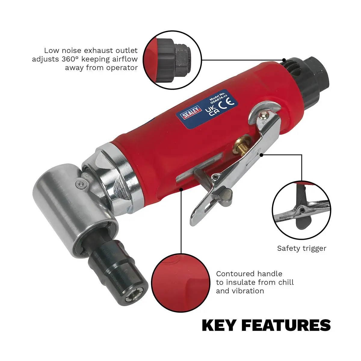 Sealey 90° Angle Air Die Grinder 1/4" BSP 6mm Collet - Image 4