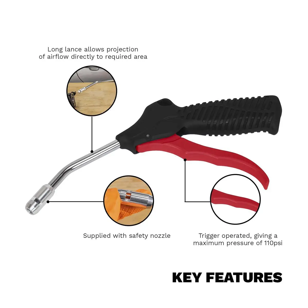 Sealey Air Blow Gun 100mm with 1/4"BSP Air Inlet & Safety Nozzle - Image 7
