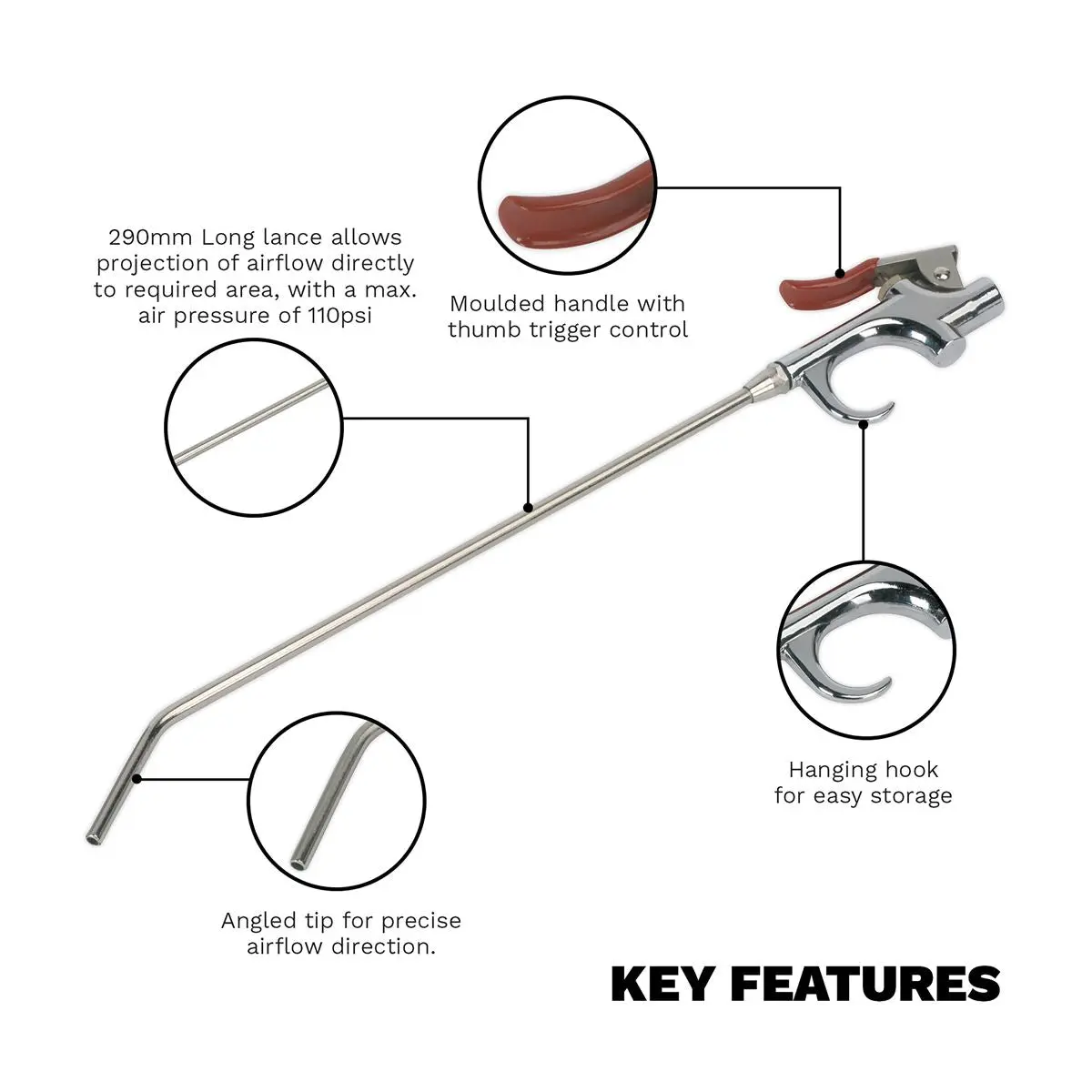Sealey Air Blow Gun Palm Type 290mm with 1/4"BSP Air Inlet - Image 2