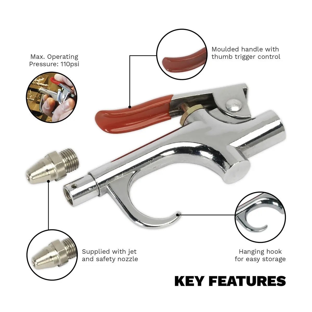 Sealey Air Blow Gun Palm Type with 1/4"BSP Air Inlet & Safety Nozzle - Image 3
