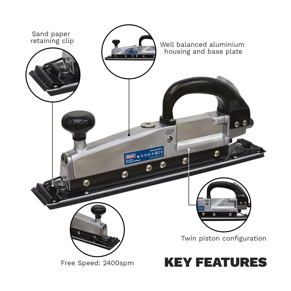 Sealey Air Long Bed Sander 400 x 70mm Twin Piston In-line - Image 4