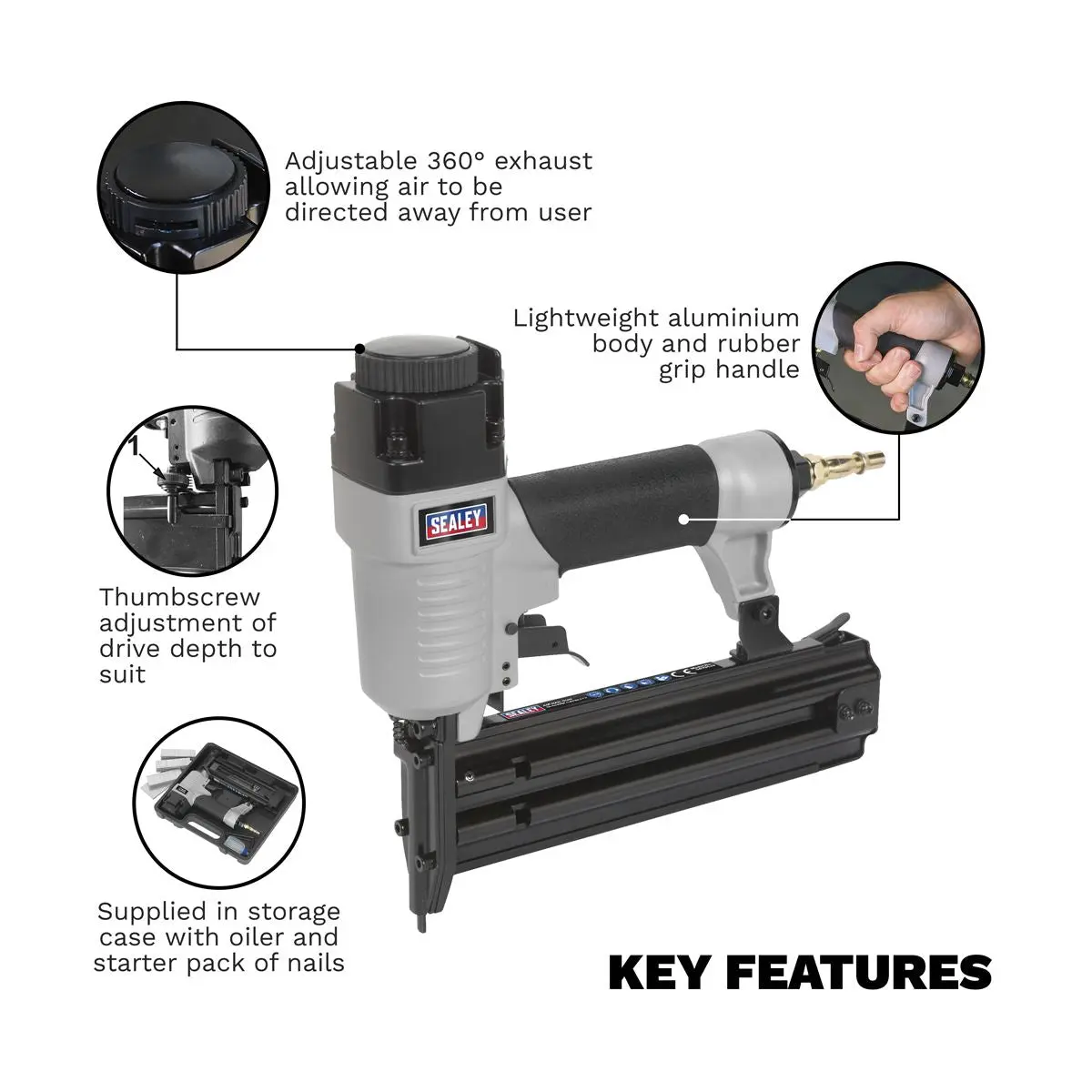 Sealey Air Nail Gun 15-50mm Capacity 1/4" BSP 18 Gauge Brad Nailer - Image 6