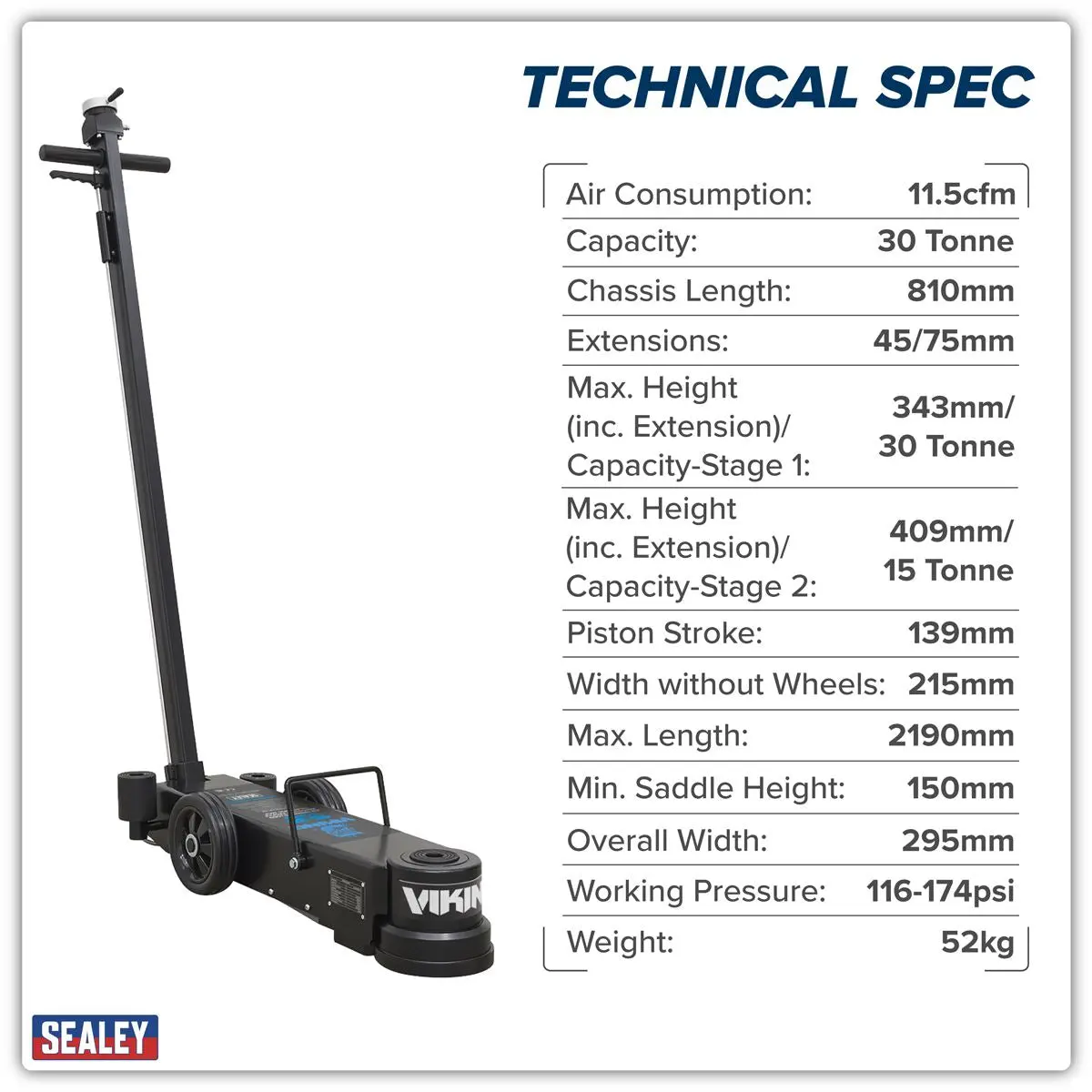 Sealey Viking Long Reach/Low Profile Air Operated Telescopic Jack 15-30 Tonne - Image 10
