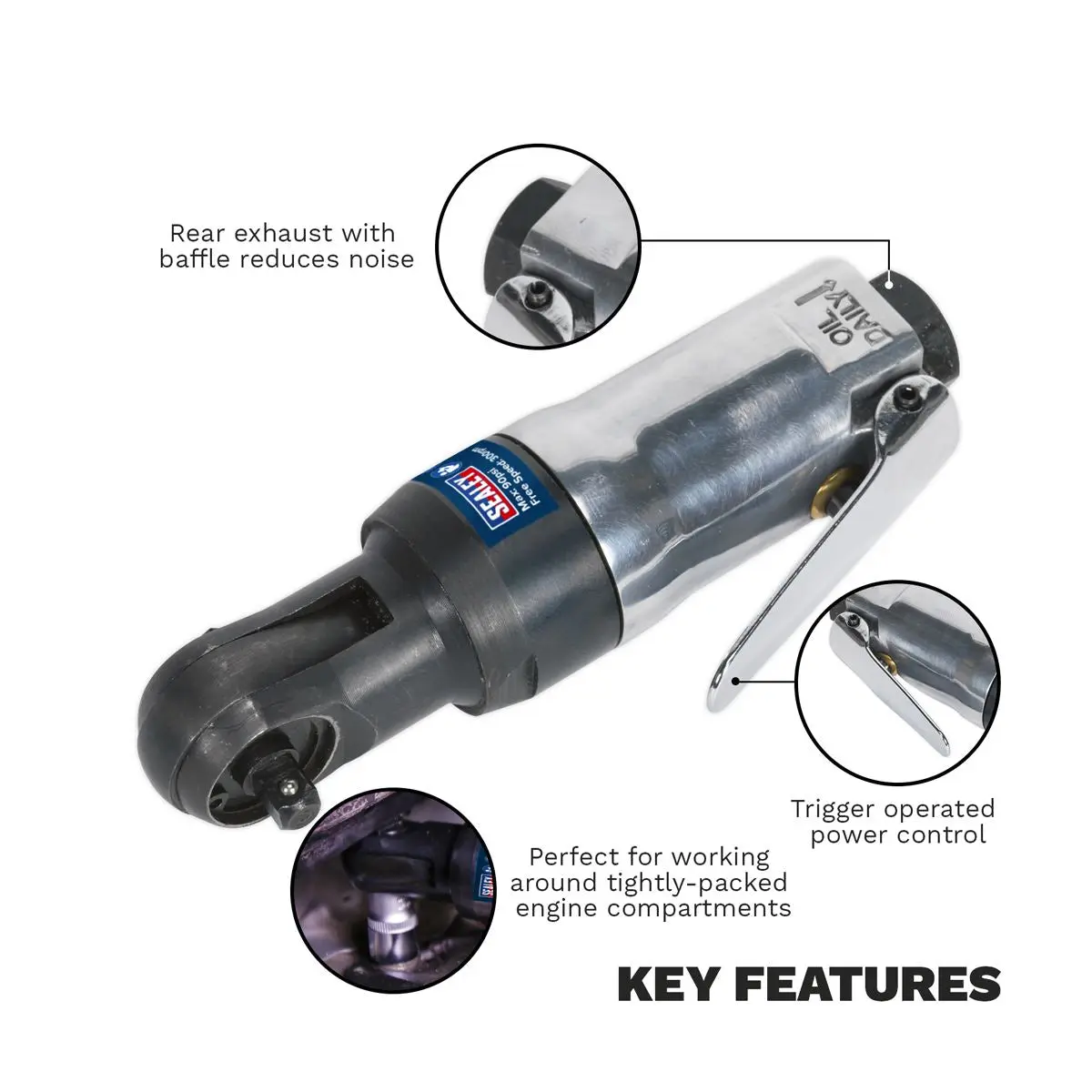 Sealey Air Ratchet Wrench 1/4"Sq Drive Super Stubby - Image 4
