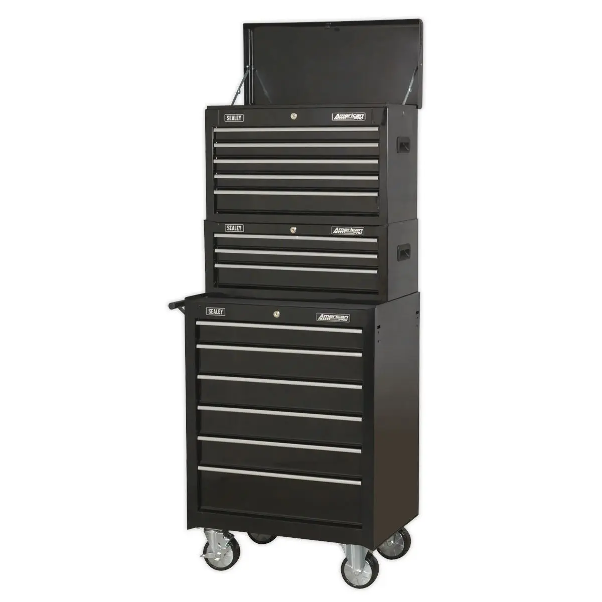 Sealey American Pro Topchest, Mid-Box Tool Chest & Rollcab 14 Drawer Stack - Black - Image 2