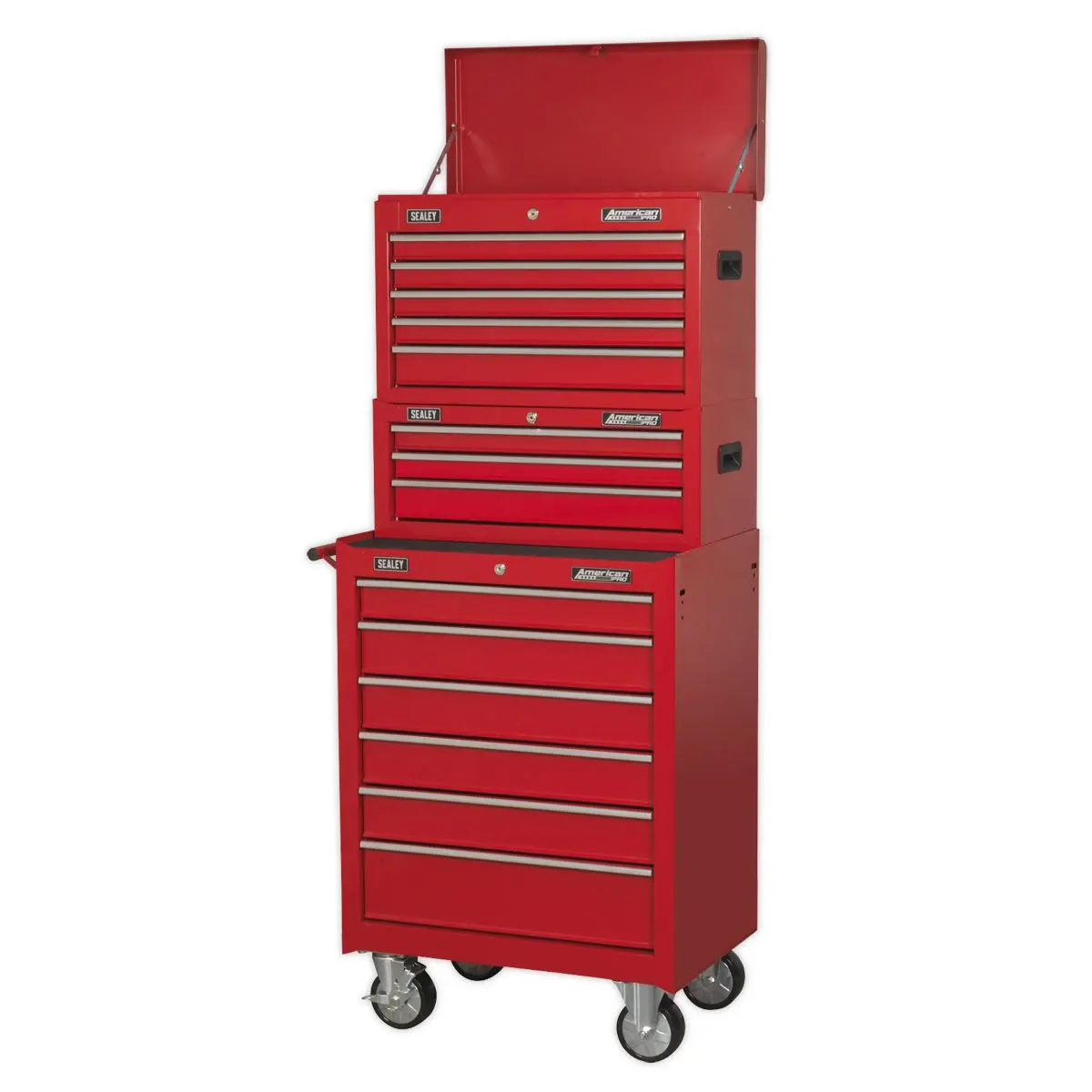 Sealey American Pro Topchest, Mid-Box Tool Chest & Rollcab 14 Drawer Stack - Red - Image 2