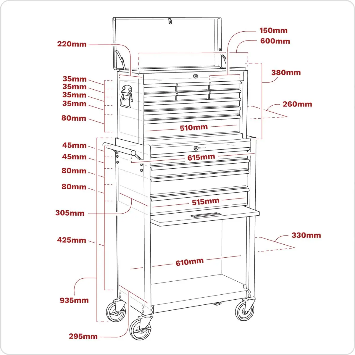 Sealey American Pro Topchest & Rollcab Combination 13 Drawer with Ball-Bearing Slides - Red/Grey - Image 4