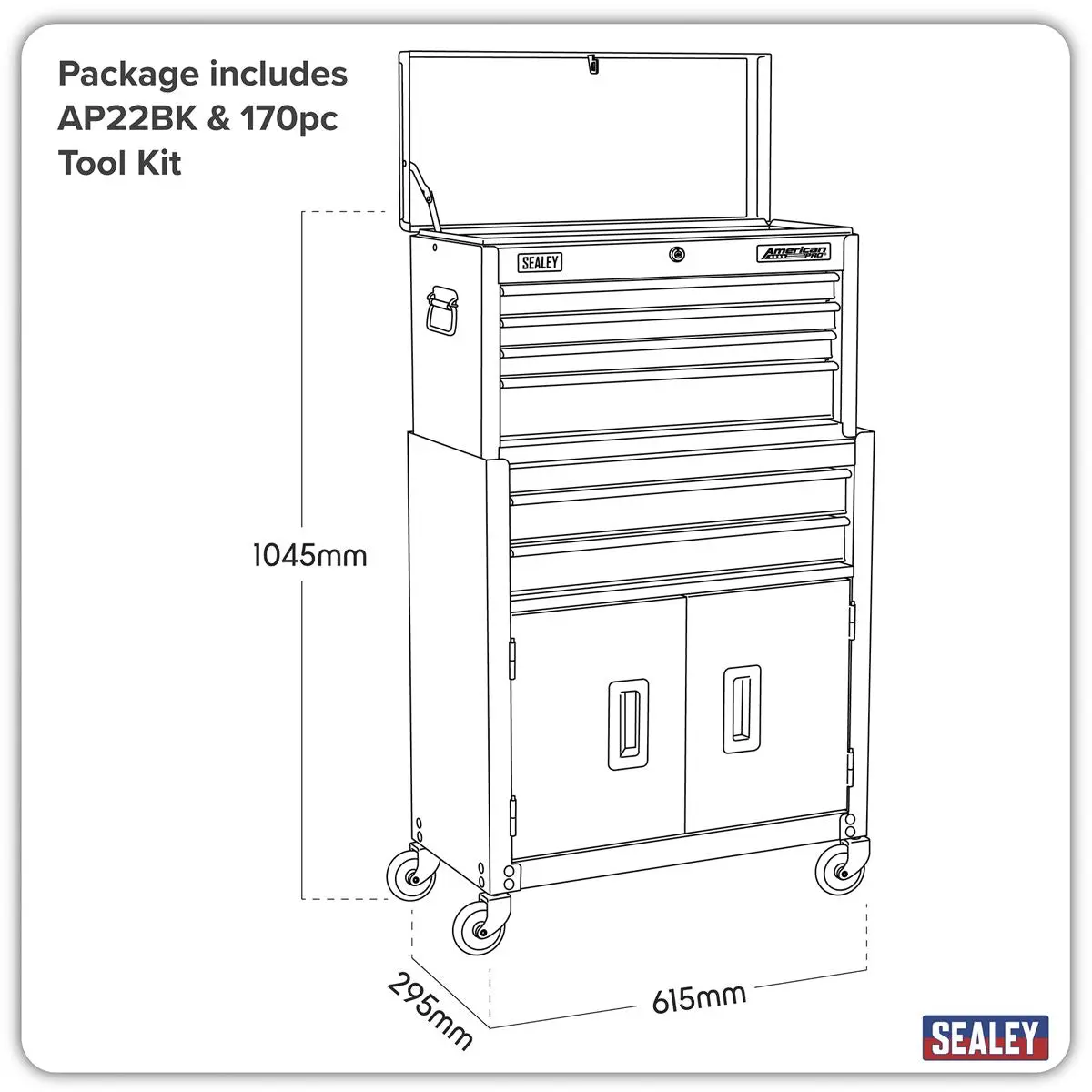 Sealey American Pro Topchest & Rollcab Combination 6 Drawer with Ball-Bearing Slides - Black & 170pc Tool Kit - Image 5