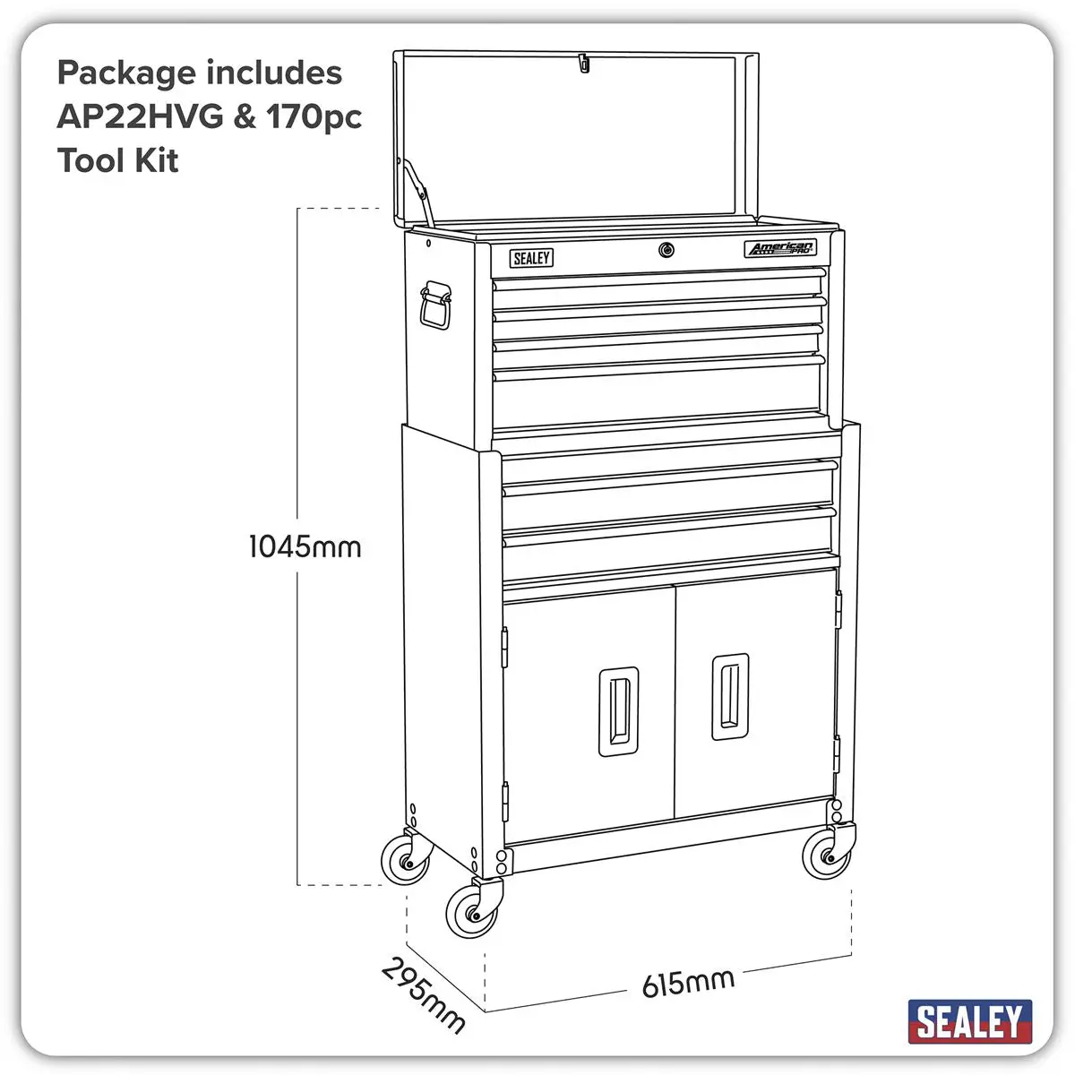 Sealey American Pro Topchest & Rollcab Combination 6 Drawer with Ball-Bearing Slides - Green/Black & 170pc Tool Kit - Image 5