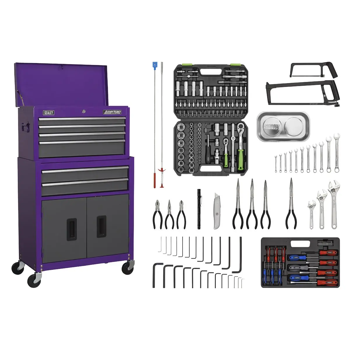 Sealey American Pro Topchest & Rollcab Combination 6 Drawer with Ball-Bearing Slides - Purple/Grey & 170pc Tool Kit