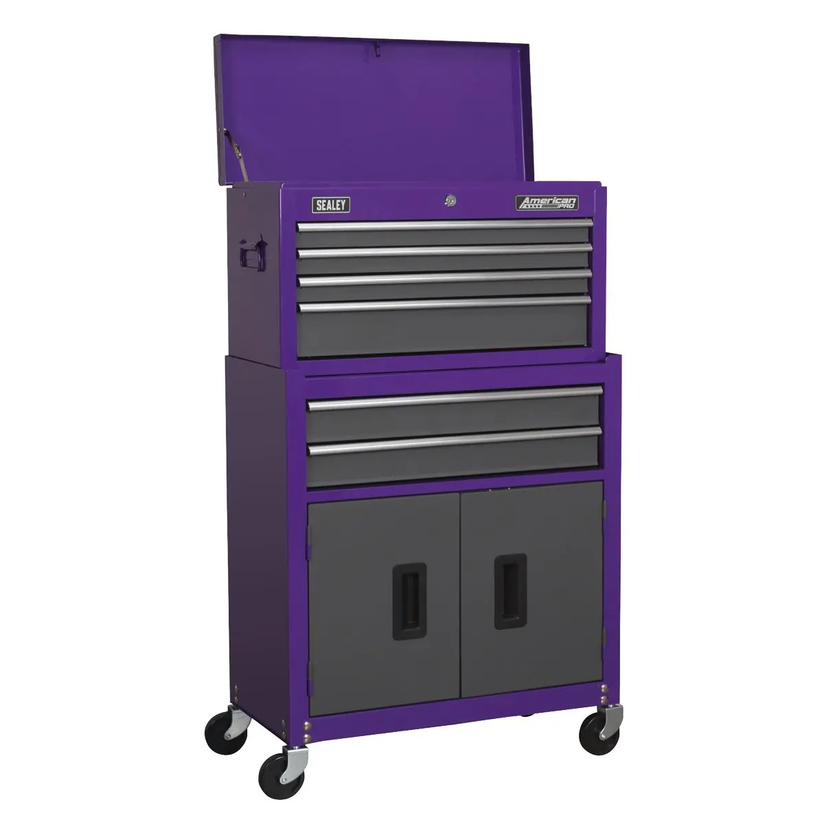 Sealey American Pro Topchest & Rollcab Combination 6 Drawer with Ball-Bearing Slides - Purple/Grey & 170pc Tool Kit - Image 6
