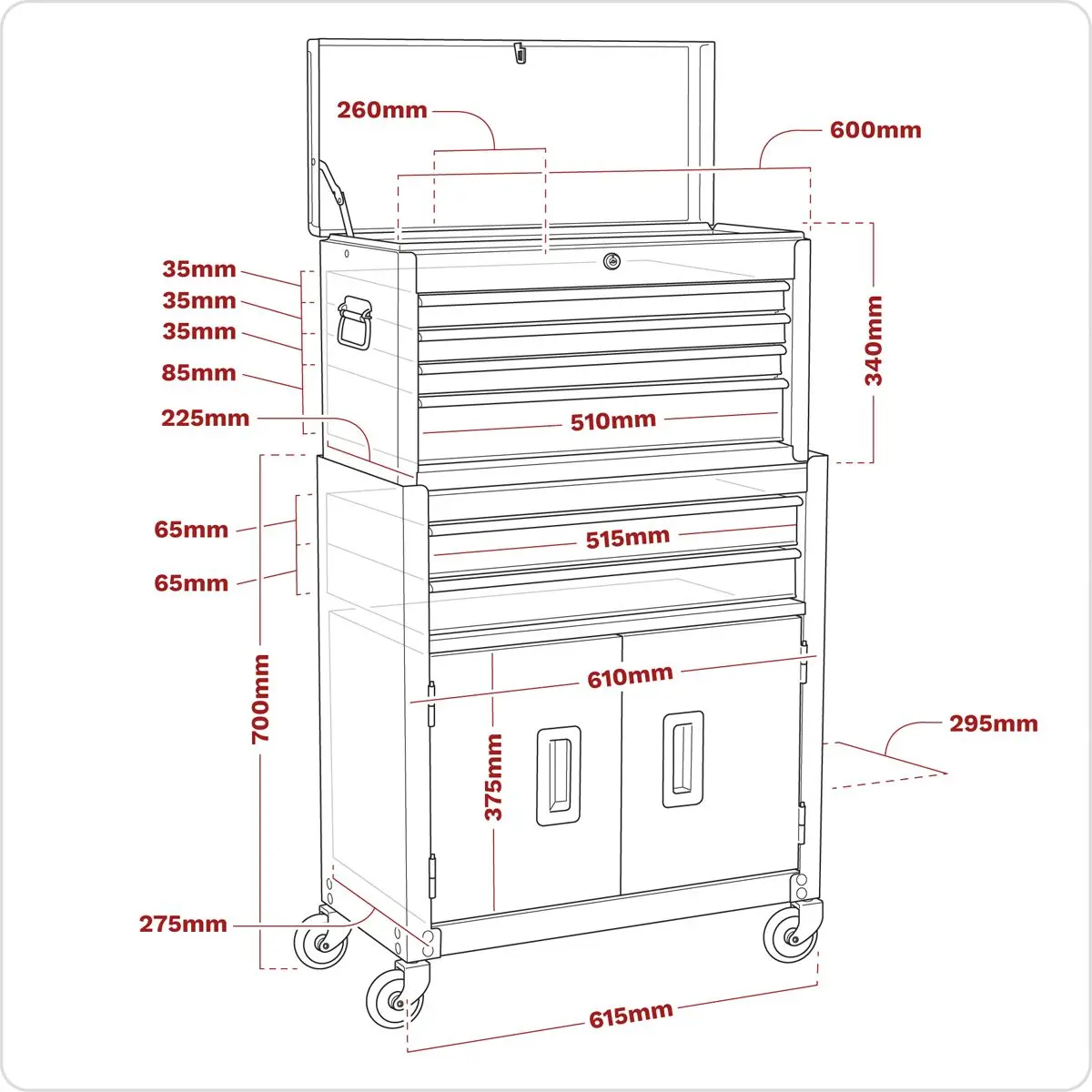 Sealey American Pro Topchest & Rollcab Combination 6 Drawer with Ball-Bearing Slides- Red - Image 10