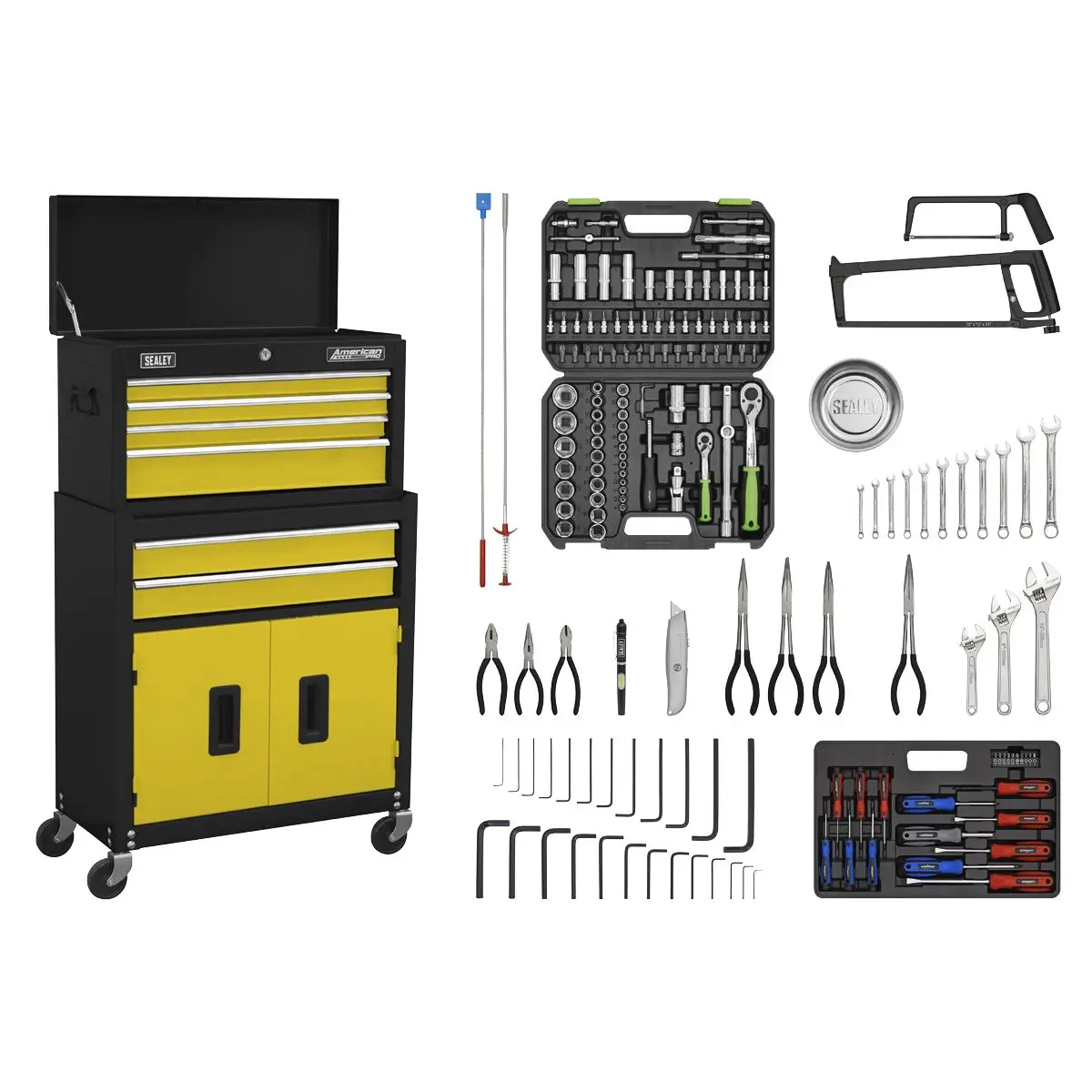 Sealey American Pro Topchest & Rollcab Combination 6 Drawer with Ball-Bearing Slides - Yellow/Black & 170pc Tool Kit - Image 5