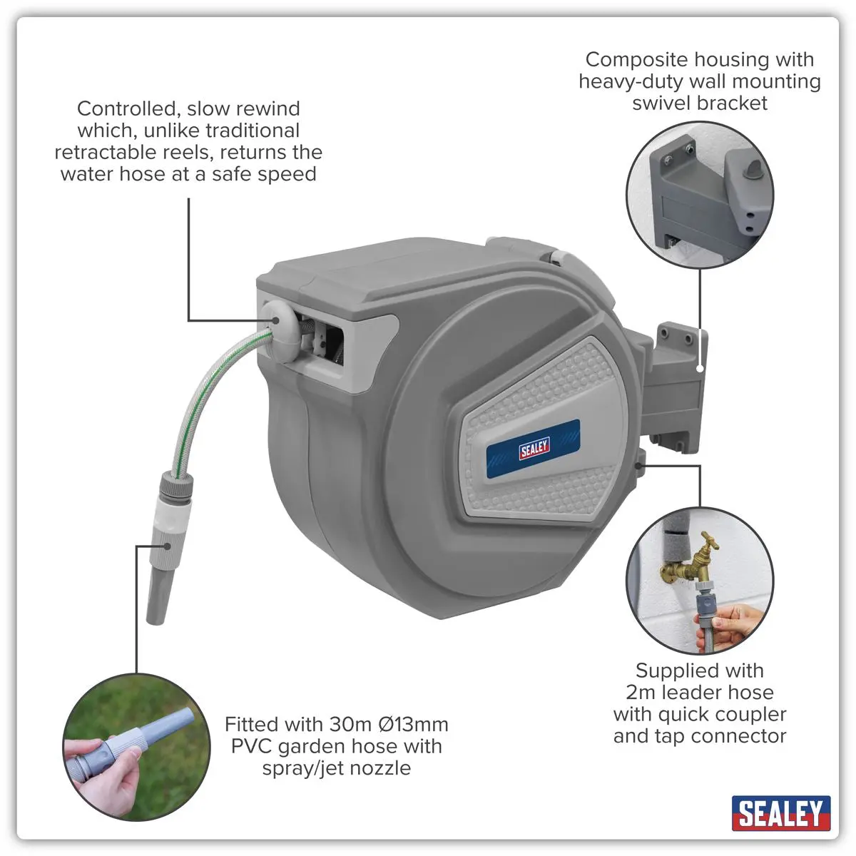 Sealey Auto-Rewind Control Garden Hose Reel 30m - Image 6