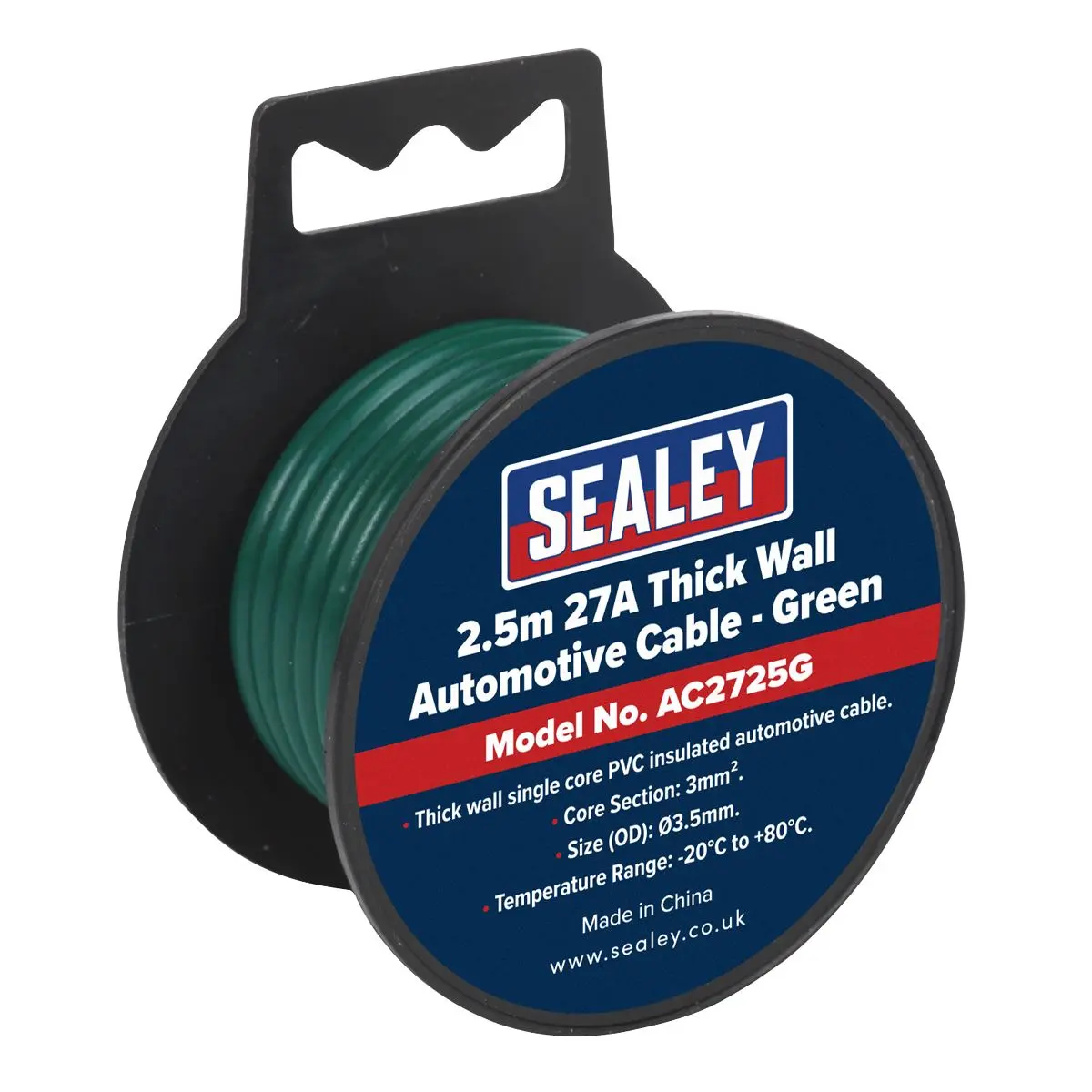 Sealey Automotive Cable Thick Wall 27A 2.5m Green