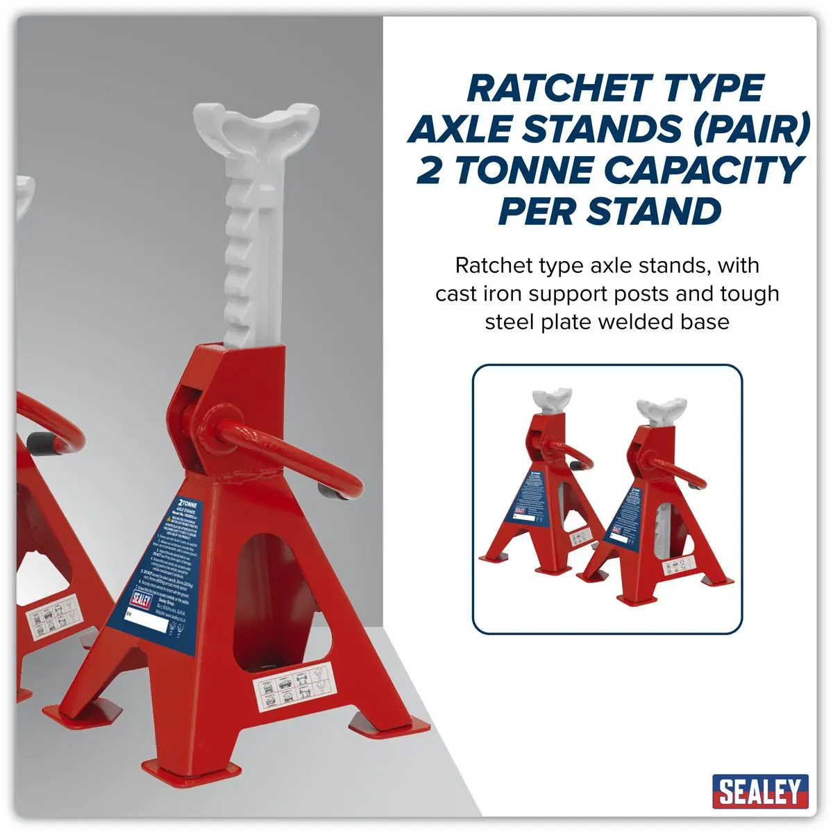 Sealey Ratchet Type Axle Stands (Pair) 2 Tonne Capacity per Stand - Image 4