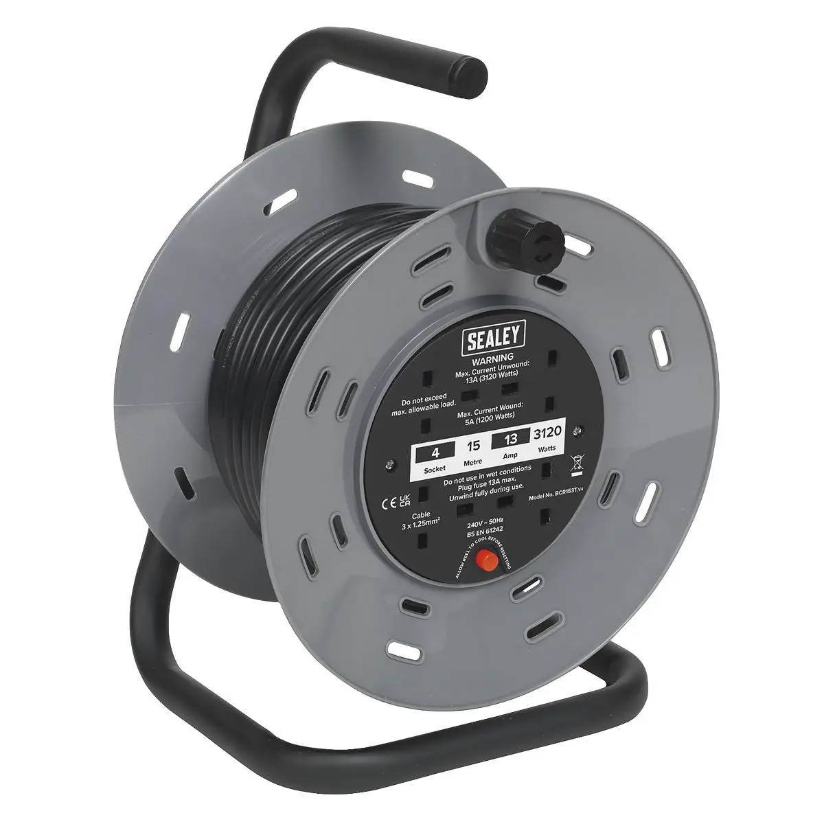 Sealey Cable Reel 15m 4 x 230V Thermal Trip