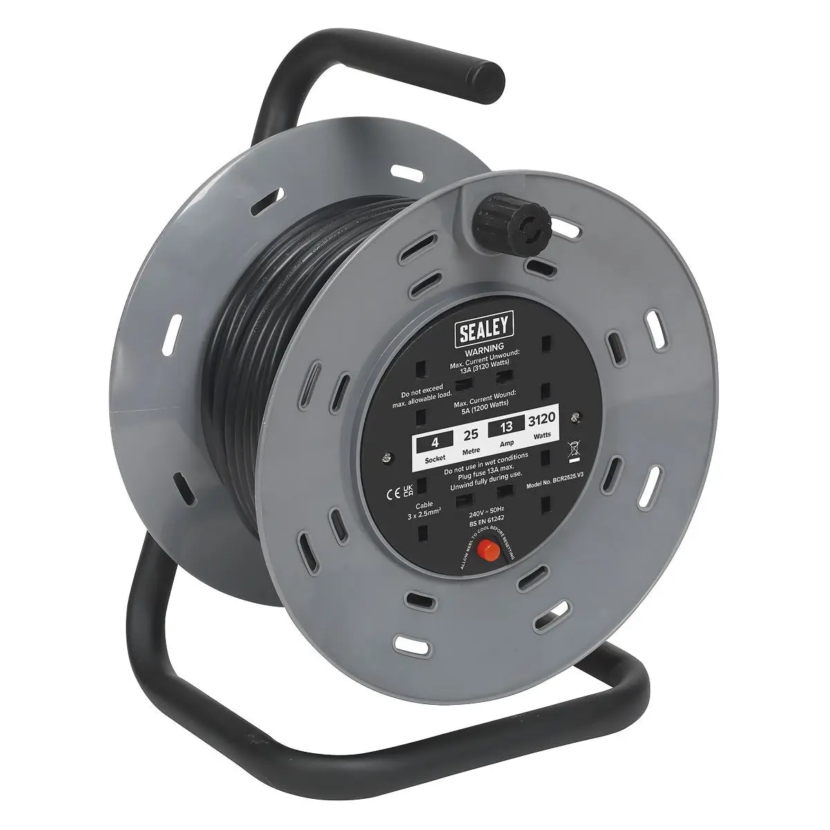Sealey Cable Reel 25m 4 x 230V 2.5mm² Thermal Trip
