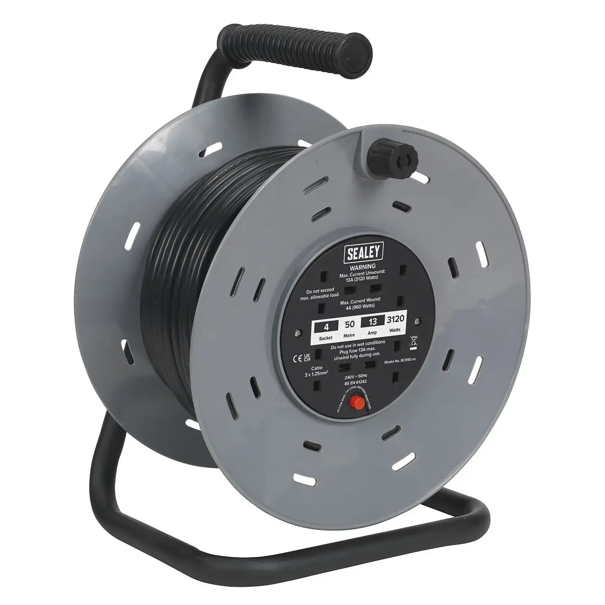 Sealey Cable Reel 50m 4 x 230V 1.25mm² Thermal Trip