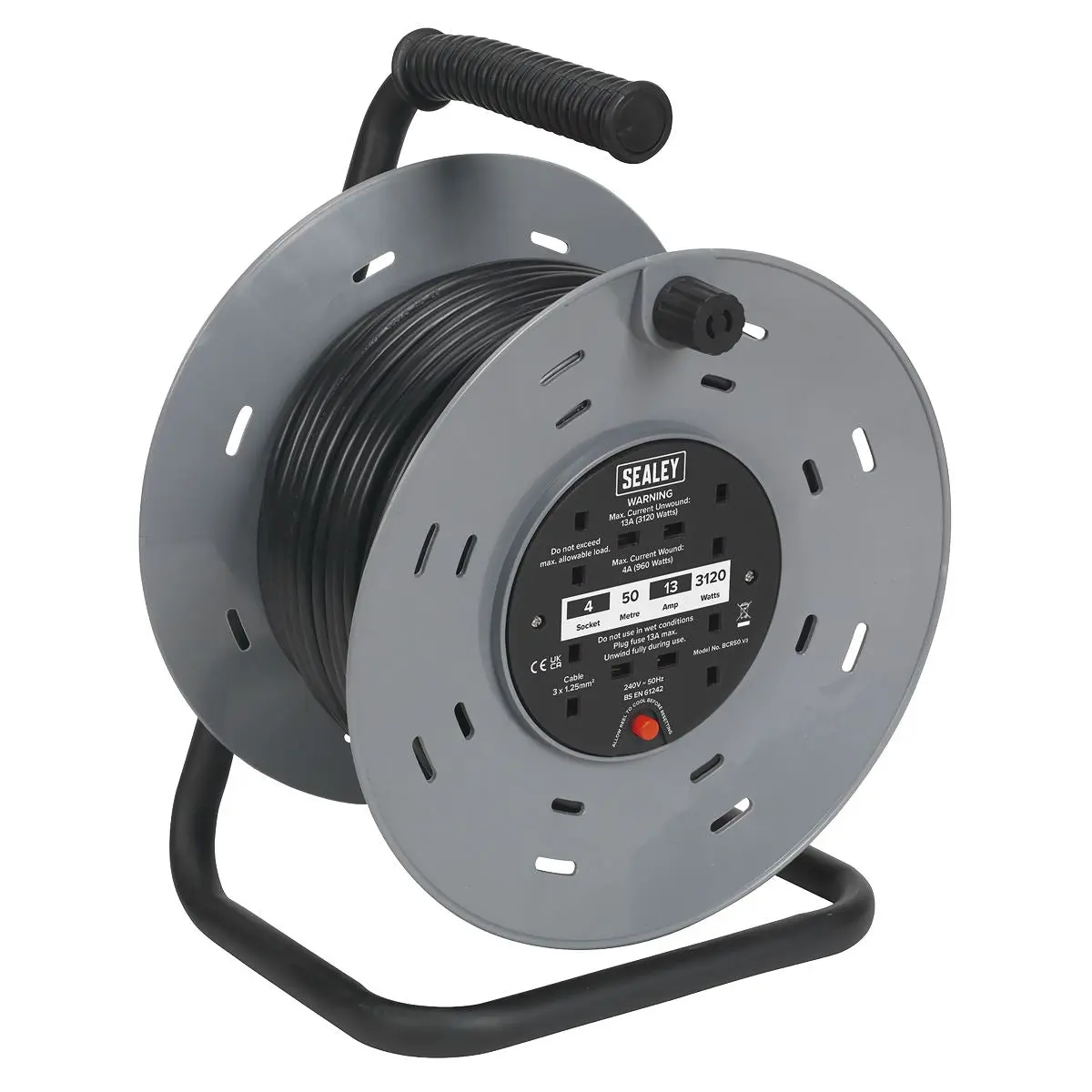 Sealey Cable Reel 50m 4 x 230V 1.25mm² Thermal Trip - Image 2