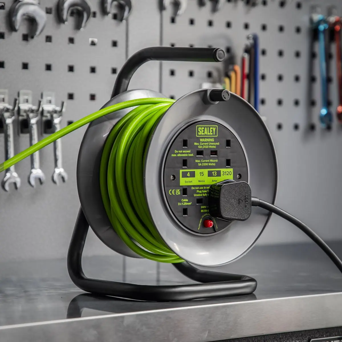 Sealey Cable Reel with Thermal Trip 4 x 230V 15m - Green - Image 3