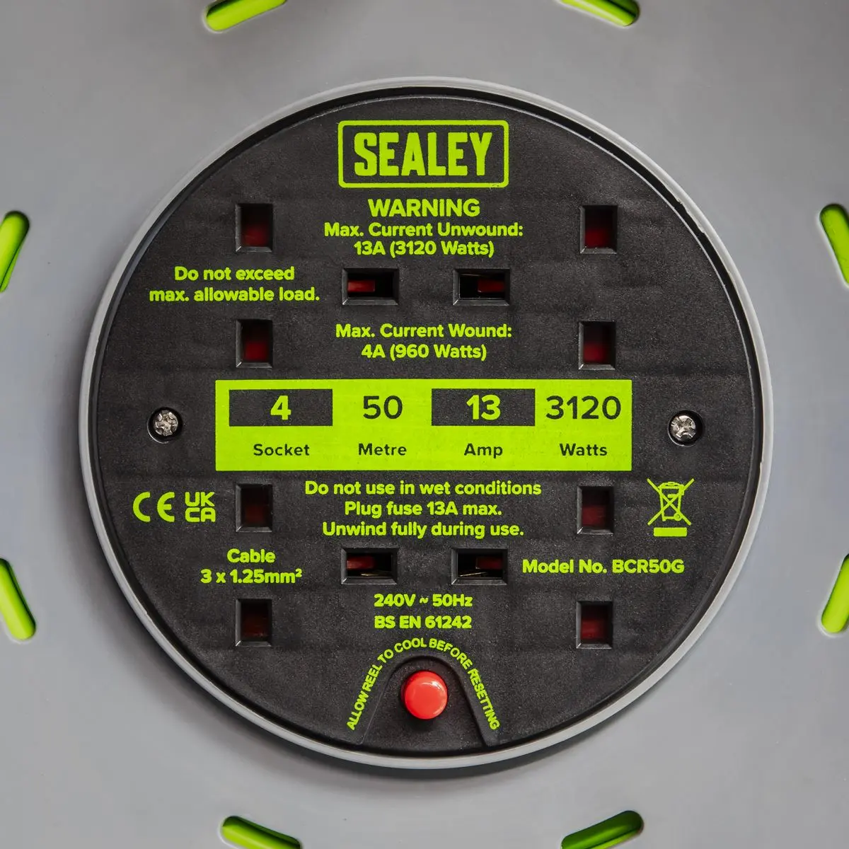 Sealey Cable Reel with Thermal Trip 4 x 230V Sockets 50m - Green - Image 8