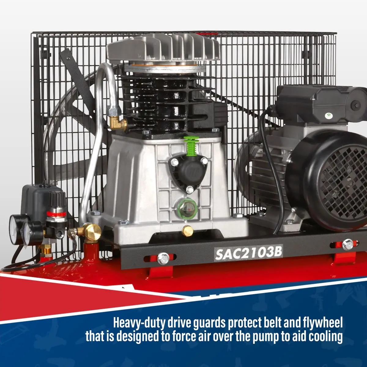 Sealey 100L Belt Drive Air Compressor with Cast Cylinders & Wheels 3hp - Image 5