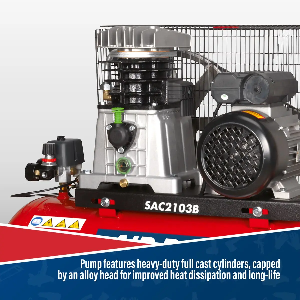 Sealey 100L Belt Drive Air Compressor with Cast Cylinders & Wheels 3hp - Image 8
