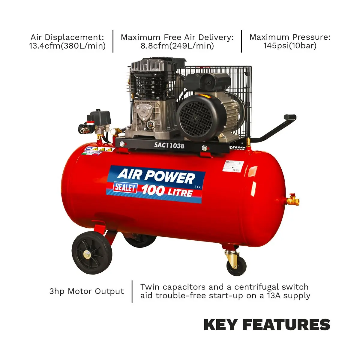 Sealey 100L Belt Drive Air Compressor with Cast Cylinders & Wheels 3hp - Image 5