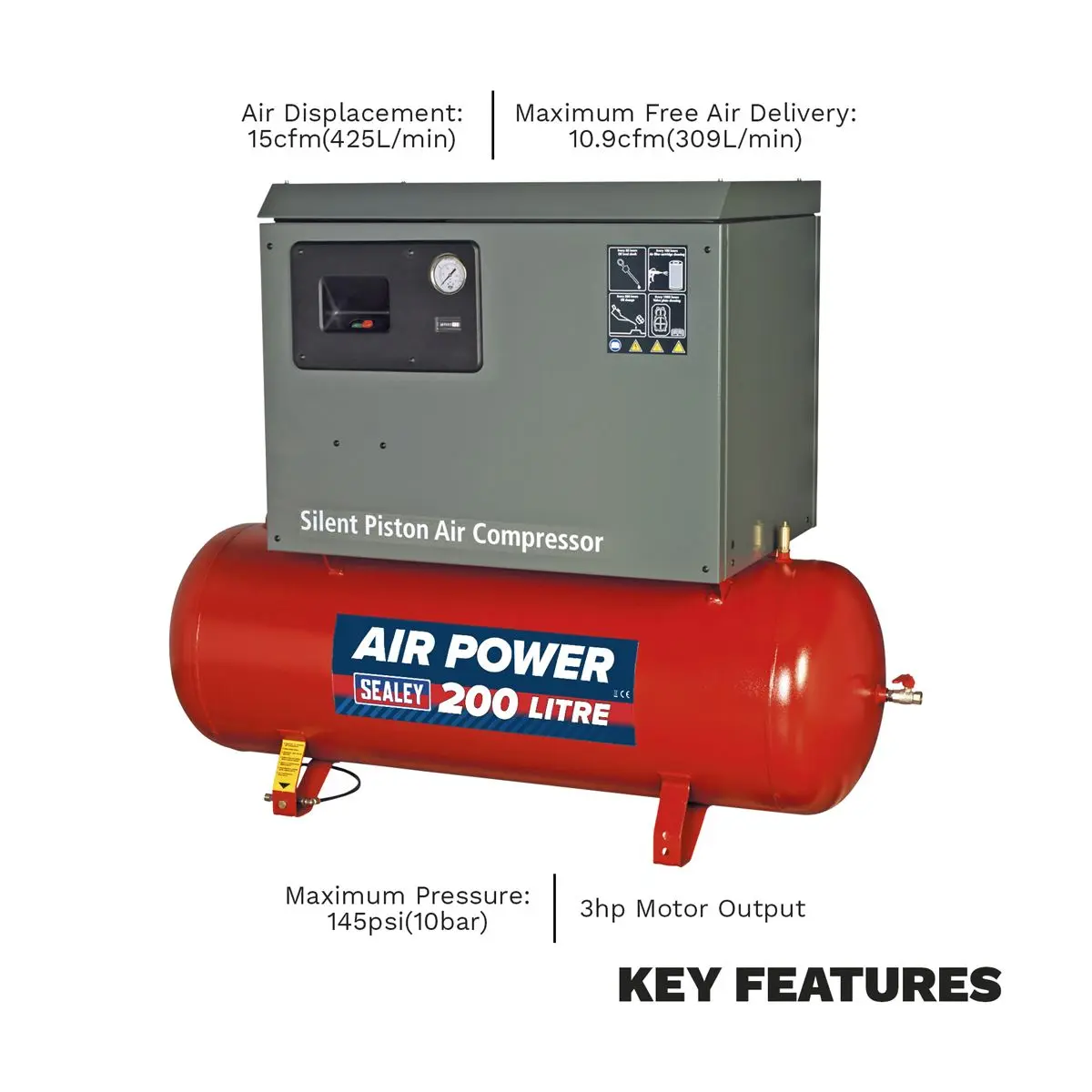 Sealey 200L Low Noise Belt Drive Air Compressor with Cast Cylinders 3hp - Image 8