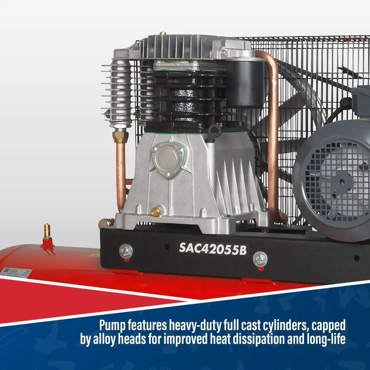 Sealey 200L Belt Drive Air Compressor with Cast Cylinders 5.5hp 3ph 2-Stage - Image 3