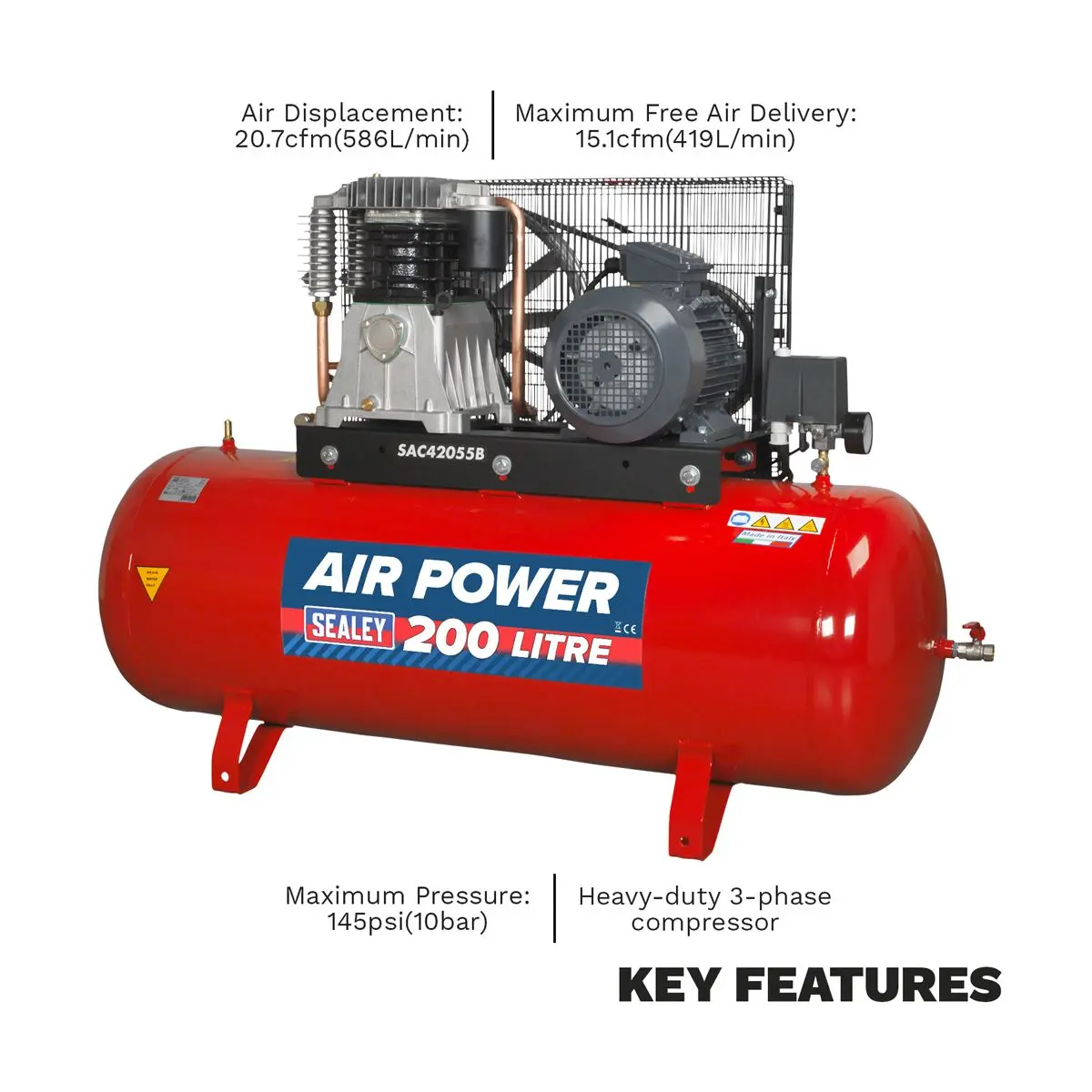 Sealey 200L Belt Drive Air Compressor with Cast Cylinders 5.5hp 3ph 2-Stage - Image 6