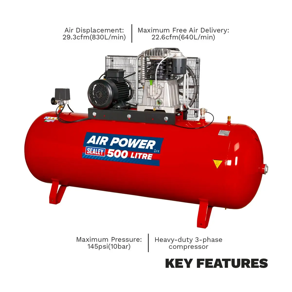 Sealey 500L Belt Drive Air Compressor with Cast Cylinders 7.5hp 3ph 2-Stage - Image 4