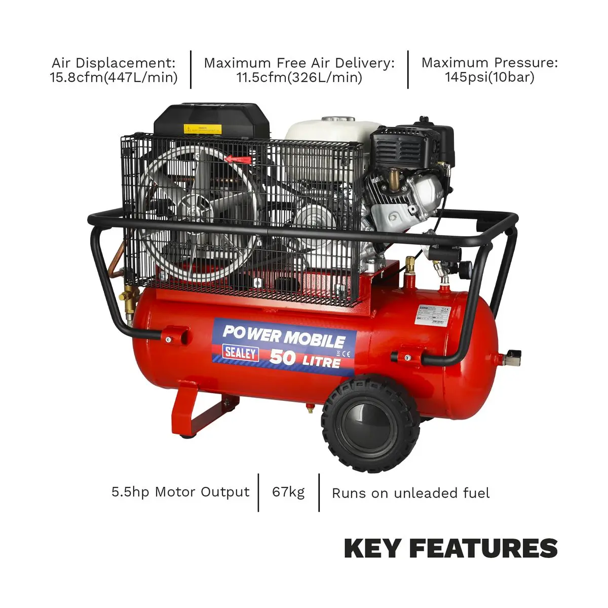 Sealey Air Compressor 50L Belt Drive Petrol Engine 5.5hp - Image 9