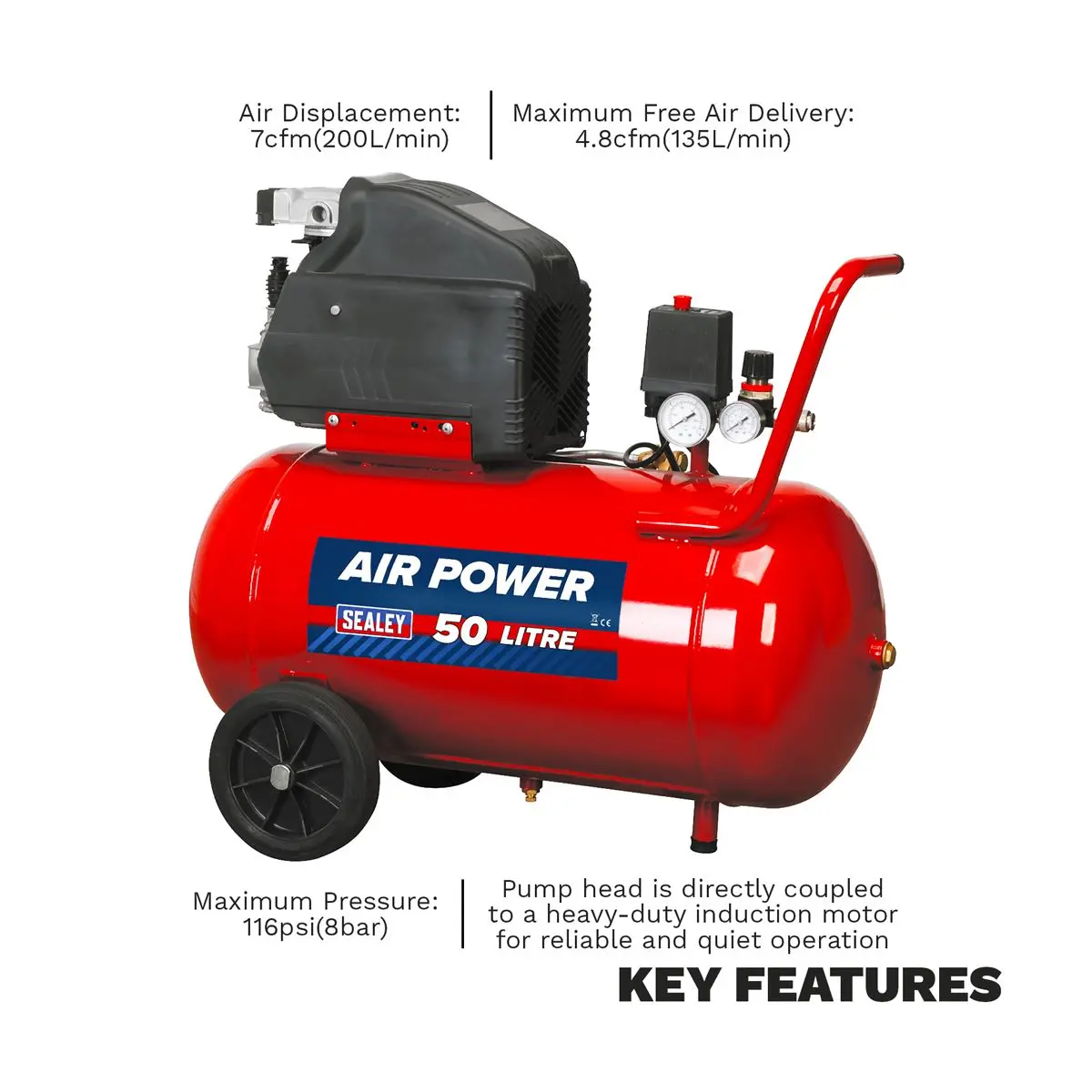 Sealey Air Compressor 50L Direct Drive 2hp - Image 2