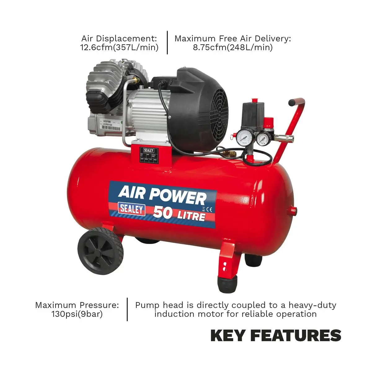 Sealey 50L V-Twin Direct Drive Air Compressor 3hp - Image 5