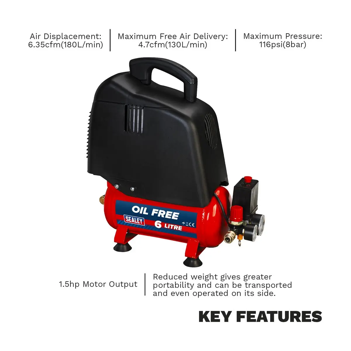 Sealey 6L Oil Free Belt Drive Air Compressor 1.5hp - Image 9